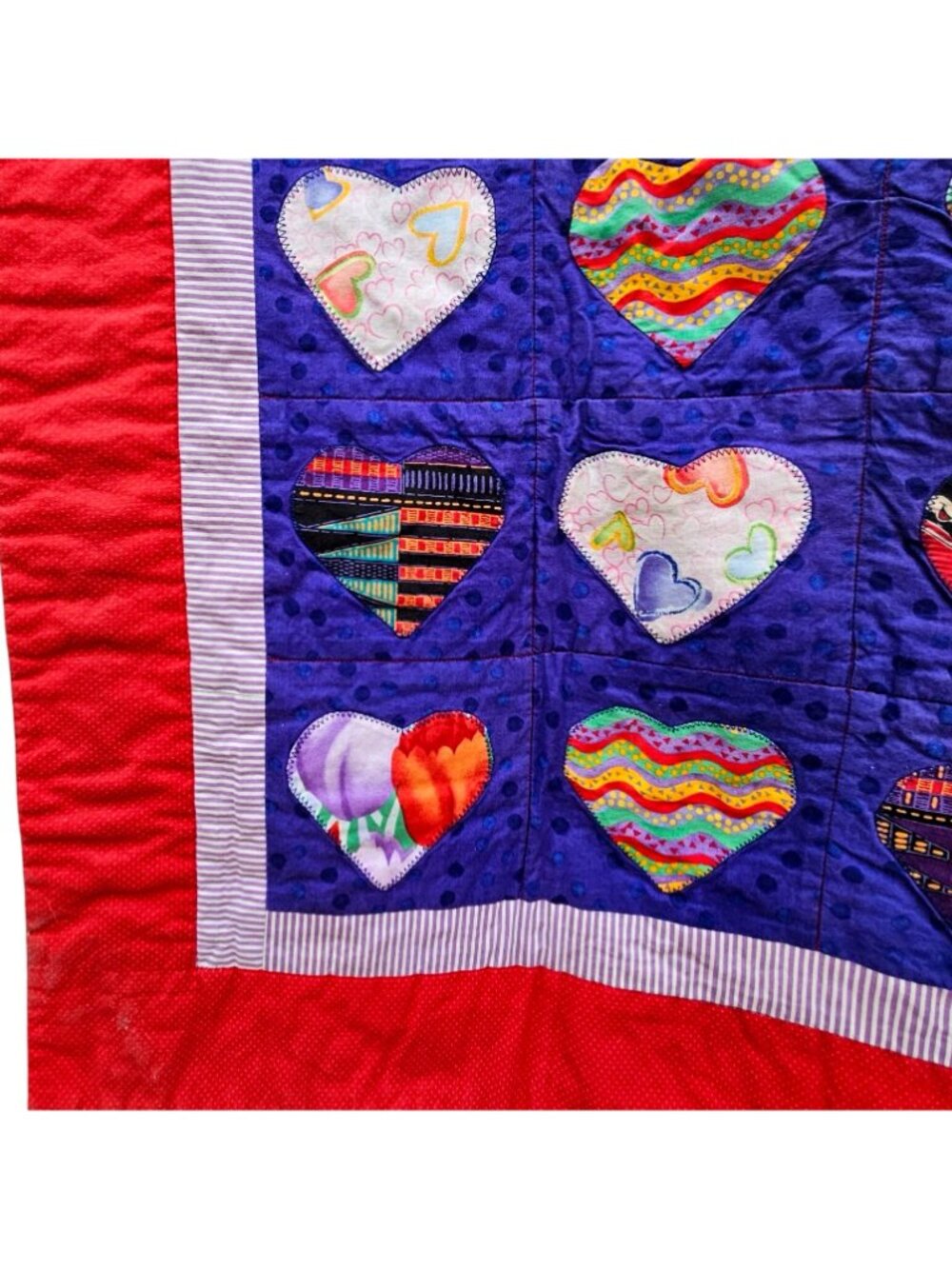 Heart Quilt Handmade Red Purple Cotton Applique 54x50 - Picture 14 of 15